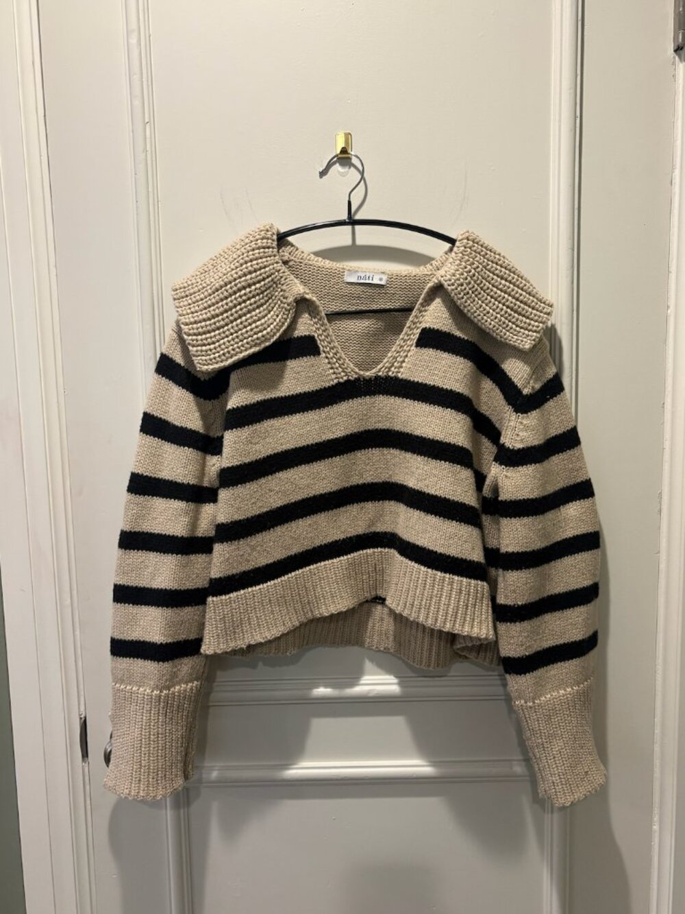 Nati Cream Black Striped Fisherman Collar Sweater M